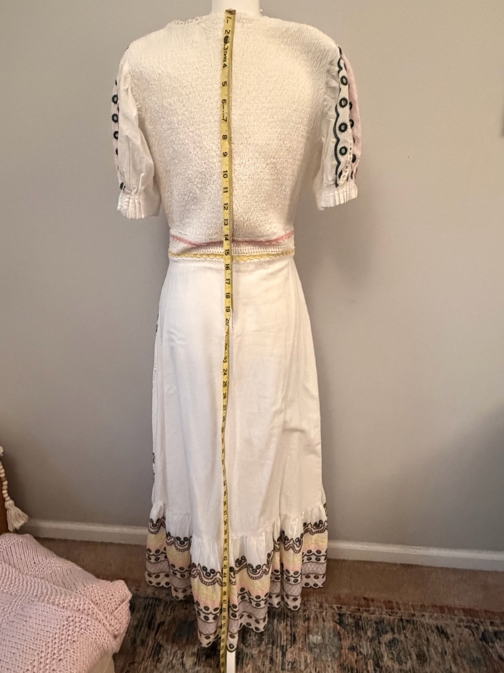 Boheme White Maxi Dress. Eyelet Embroidery and Blush/Yellow Trim - Picture 15 of 16
